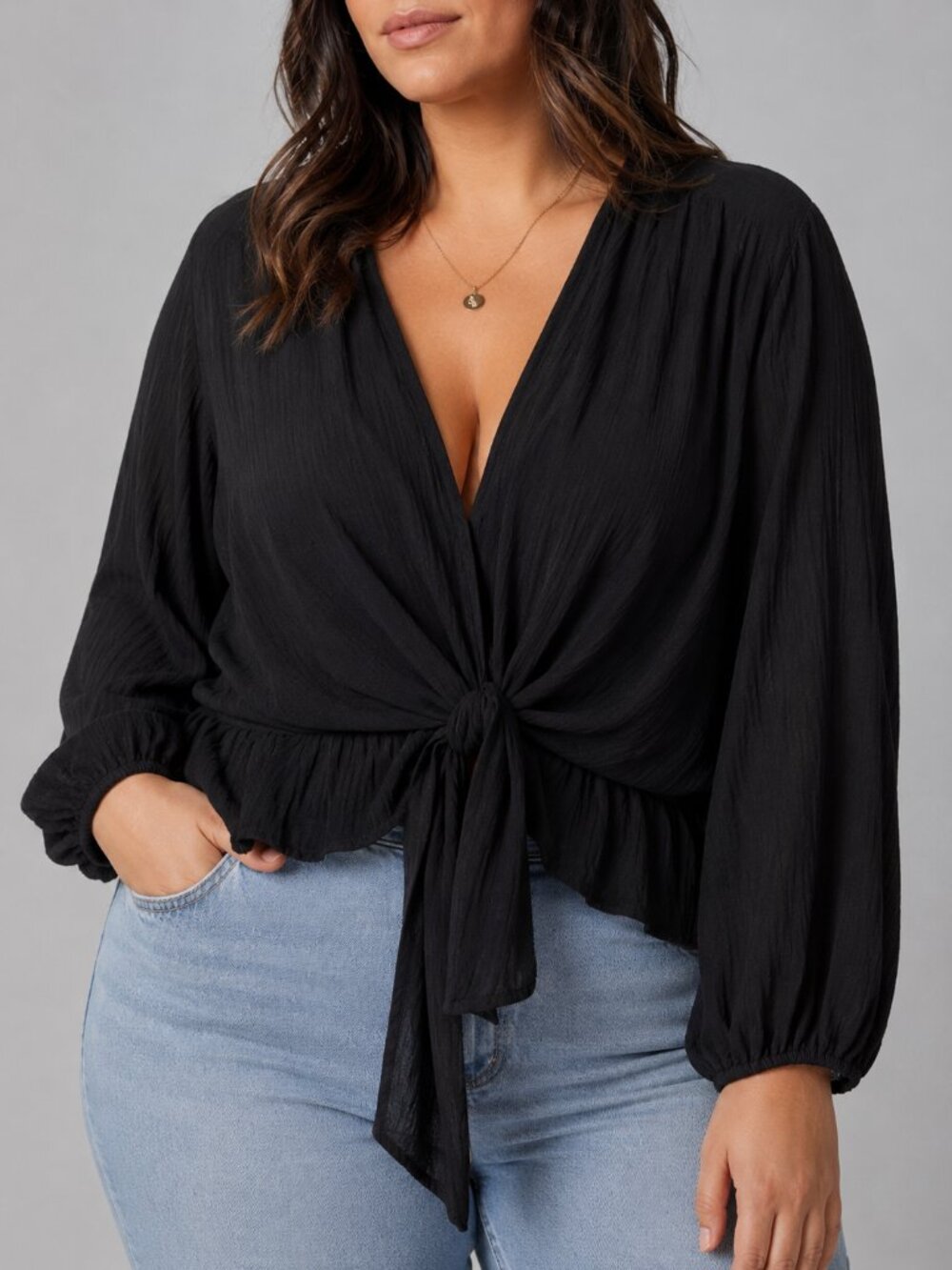 Forgotten Grace Black Tie Front Blouse XL Boho Peplum Long Sleeve Lightweight